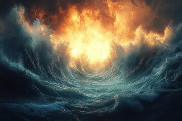 epic biblical scene illustration dramatic parting of the red sea with dynamic water movement and divine light effects
