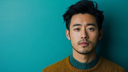 Fototapeta premium East Asian Individual with Calm Expression Against a Turquoise Background in Portrait Format