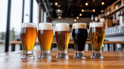 A vibrant taproom displays a lineup of craft beers, each glass brimming with flavor and color.