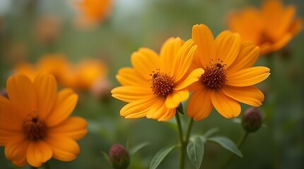 A soft-focus, close-up view of two beautiful orange flowers.