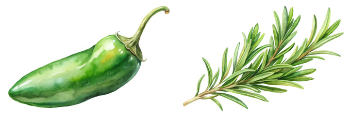 Fresh jalapeno pepper, vibrant green color, aromatic rosemary sprig, watercolor style, culinary herbs, food illustration.