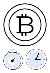 Bitcoin logo encircled, stopwatch with blue accents, and analog clock. Ideal for cryptocurrency, blockchain, mining, transactions, financial deadlines, time-saving abstract line flat metaphor