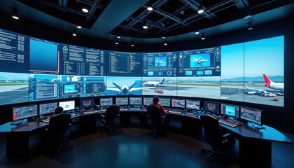 Airport flight control center. Operators monitor planes in real time. Modern tech controls planes, airport. Big screens display details. Advanced system ensures safe, efficient air traffic.