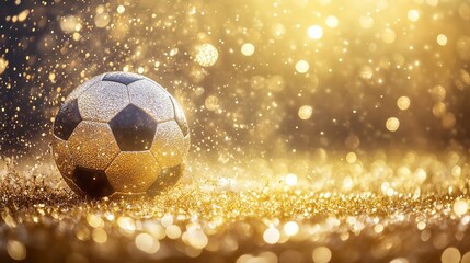 Fototapeta premium Close Up of a Glittering Football in a Golden Spotlight with Shimmering Background Effects