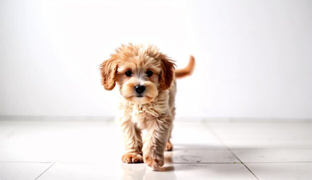 Cachorro de caniche o poodle caminando hacia c&aacute;mara. Fondo blanco