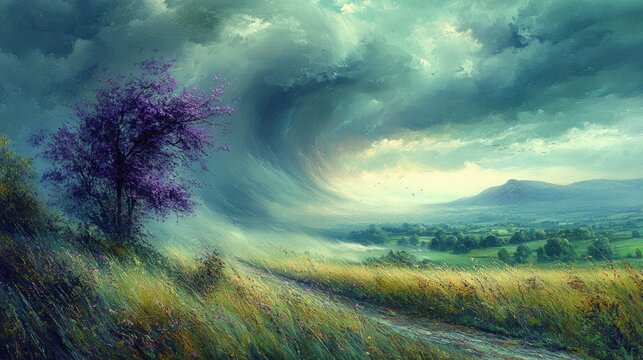 Purple tree, rolling storm, idyllic landscape.