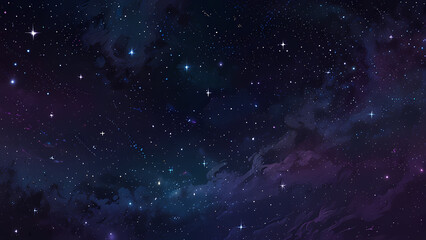 Naklejka premium A mesmerizing abstract illustration of a starry night sky, featuring glowing stars of varying sizes scattered across a gradient of deep blue and purple hues, with soft swirls of cosmic light