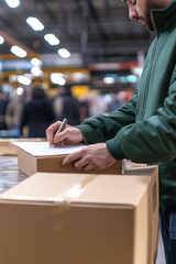 Customer Signing for Package Delivery Inside Warehouse with Blurred Background of People