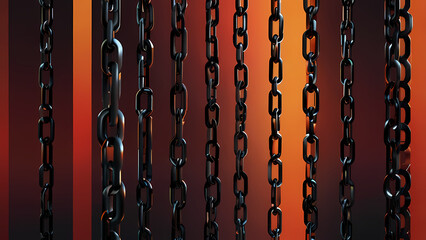 A minimalist abstract background showcasing floating chain segments in geometric arrangements, with sharp contrasts of matte black chains against a gradient of fiery orange and crimson hues