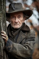 Obraz premium An elderly man in a hat and worn coat stands by a tree gazing thoughtfully into the distance