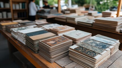 Neatly stacked vintage postcards greet curious shoppers at a bustling flea market stall, each card a snapshot of history waiting to be rediscovered.