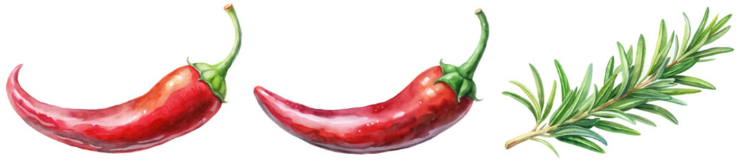 Fresh red chili peppers, vibrant watercolor illustration, culinary herbs, natural ingredients, food decoration, kitchen art.