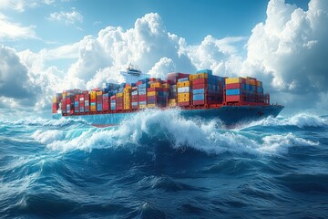 Cargo ship sails stormy ocean, cloudy sky.