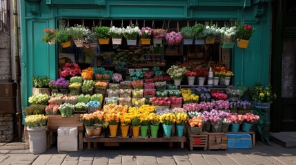 A lively flower market stall showcases a vibrant array of blooms, capturing the essence of nature’s beauty and inviting passersby into a world of color.
