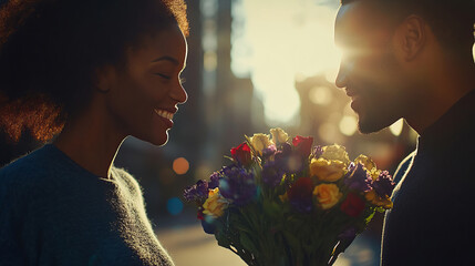 Romantic Black Couple Celebrating Together with Gifts and Flower Decorations in Bright Atmosphere