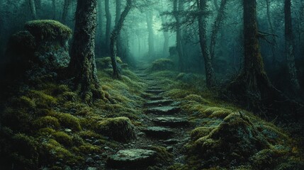 Obraz premium Misty forest path, moss-covered stones, ancient trees.
