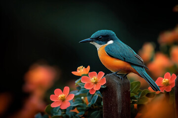 Obraz premium Lebendiger Vogel auf einem Zaun mit blühenden Blumen im Hintergrund