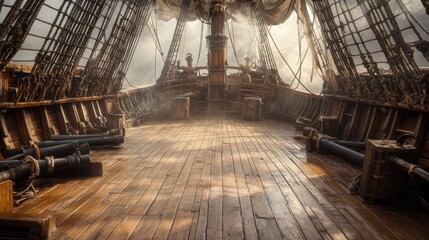 Obraz premium Intricate Interior of a Vintage Sailing Ship with Nautical Details