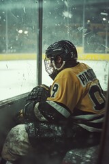 Dejected hockey player reflects on consequences while sitting in the penalty box during an intense game