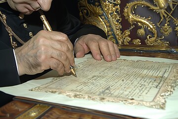Individual signs historic document marking a significant moment in history and governance