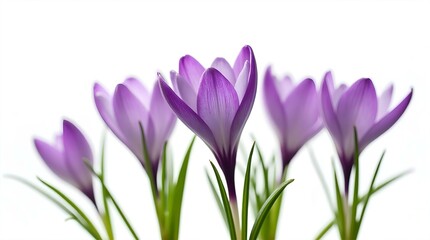 Fototapeta premium Close-up of four vibrant purple crocus flowers, with their delicate petals and green stems, set against a pure white background