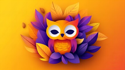Fototapeta premium Adorable cartoon owl nestled amongst vibrant autumn leaves. A cheerful fall design!