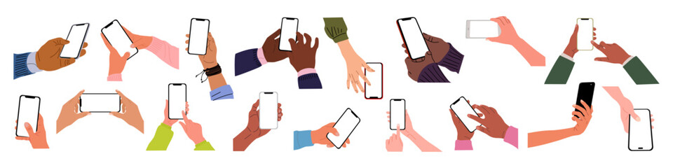 Different Hands holding mobile phones set. Fingers touching, scrolling smartphone screens, using applications. Empty screen, phone mockup. Flat vector illustration isolated on transparent background.