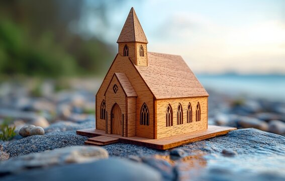 A wooden church set against a blue sky, symbolizing Christianity, particularly Catholicism, featuring a cross and an image of Jesus Christ. It represents a space for worship and praise within the