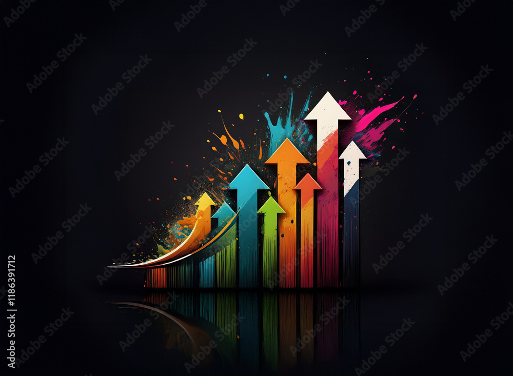 Poster three vibrant arrows ascend from a dark background, surrounded by colorful paint splatters and glowi