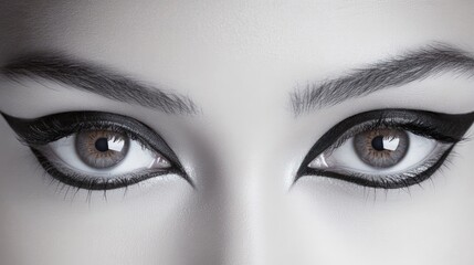 Naklejka premium Close-up of a girl eyes with bold eyeliner, fierce gaze, solid white background
