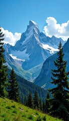 Fototapeta premium Majestic mountains under clear blue skies with towering pine trees, pine, terrain, nature