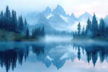 ethereal mountain lake reflection at dawn with morning mist rising through ancient pine forest in pacific northwest