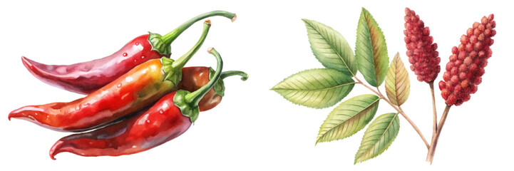 Vibrant red chili peppers, fresh green leaves, botanical illustration, watercolor style, culinary use, natural elements.