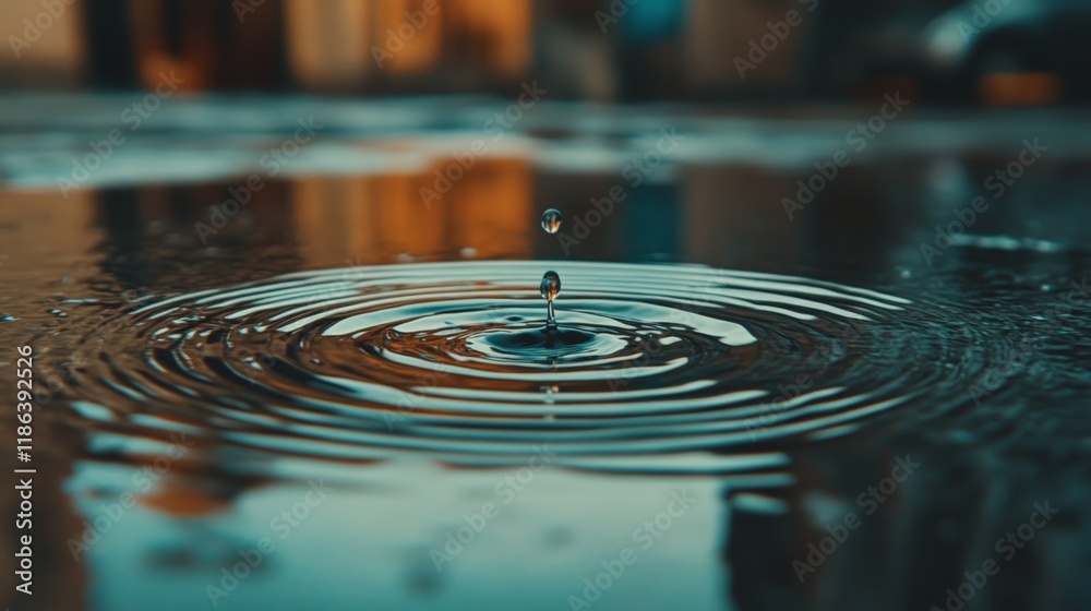 Aufkleber close up of a water droplet impacting a puddle's surface, creating mesmerizing concentric ripples th