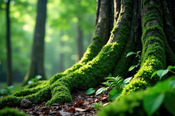 Obraz premium Moss and ferns in the shadows of ancient trunks, foliage, serenity