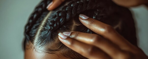 Hair braiding, self care, grooming, unique beauty practices A close up of a hand braiding underarm hair, showcasing a playful and unconventional approach to personal
