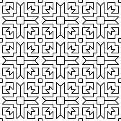Seamless geometric pattern with abstract symmetrical shapes of lines in a grid layout.