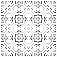 Seamless geometric pattern with abstract symmetrical shapes of lines in a grid layout.