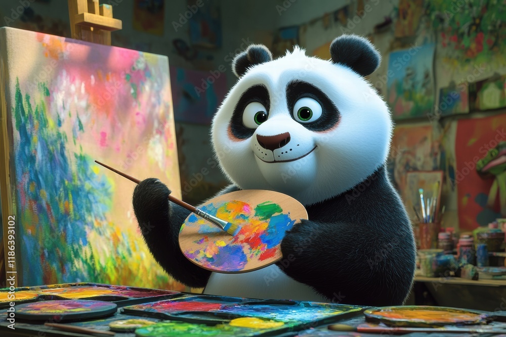 Poster panda joyfully creates art with a paintbrush and palette in a vibrant studio filled with colorful pa