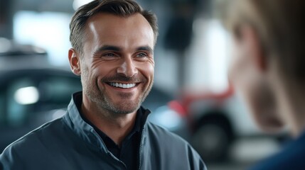 Obraz premium A Mechanic's Warm Smile: Close-up of a friendly, confident mechanic with a genuine smile, demonstrating trust and reliability in a professional automotive setting.