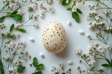 Fototapeta premium Elegant Minimalist Design Featuring a Speckled Easter Egg Surrounded by Delicate White Flowers and Green Foliage for a Fresh Festive Vibe