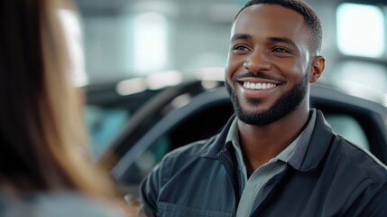 Customer Service with a Smile: A friendly automotive mechanic beams at a customer, offering a welcoming and reassuring smile that conveys expertise, confidence.