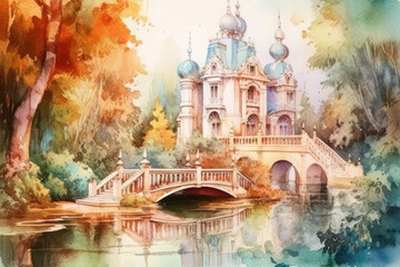 a beautiful Baroque palace surrounded by an autumn park. 