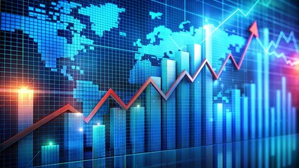 Financial growth chart with data representation across a digital world map illustrating economic trends and progress