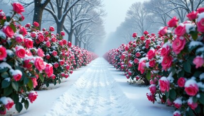 Pathway lined with bare rose bushes in frosty winter snow, roses, natural