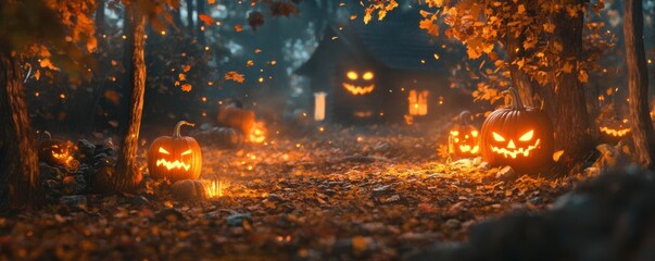 Halloween pumpkins, spooky forest, autumn leaves, glowing faces, lanterns at night, eerie atmosphere, wood background Perfect for Halloween themed content