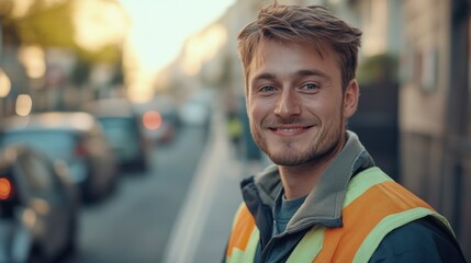 Fototapeta premium Smiling Construction Worker: A young construction worker beams with pride, radiating confidence and competence as he stands amidst a busy urban backdrop, his safety vest a symbol of professionalism. 