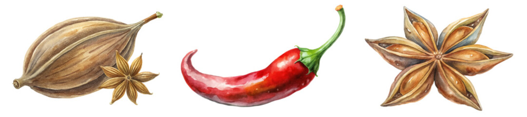 Watercolor spice illustrations, vibrant chili pepper, star anise, aromatic herbs, culinary art, food design.