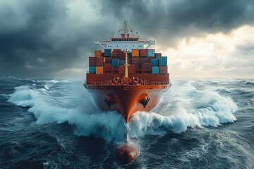 Cargo ship battles stormy ocean waves.