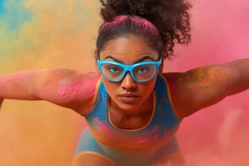 Fit Woman in Colorful Sportswear Prepares for Sprint, Emphasizing Focus and Vibrance during Holi Festival